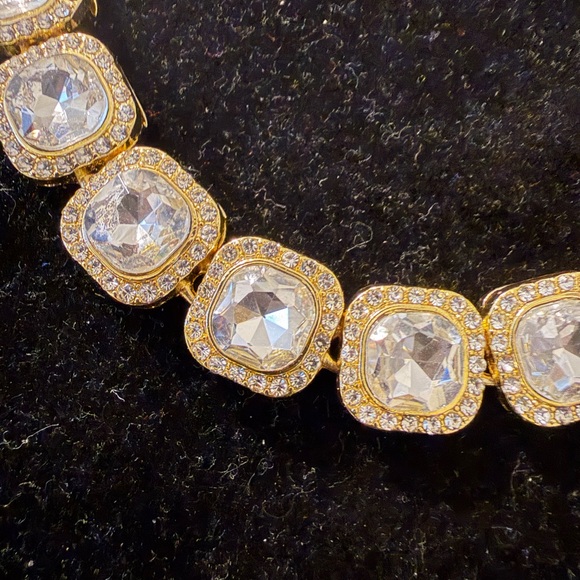 Gold Tone Cushion-Cut Crystal Tennis Statement Necklace – Vintage Inspired Glam - Picture 2 of 10